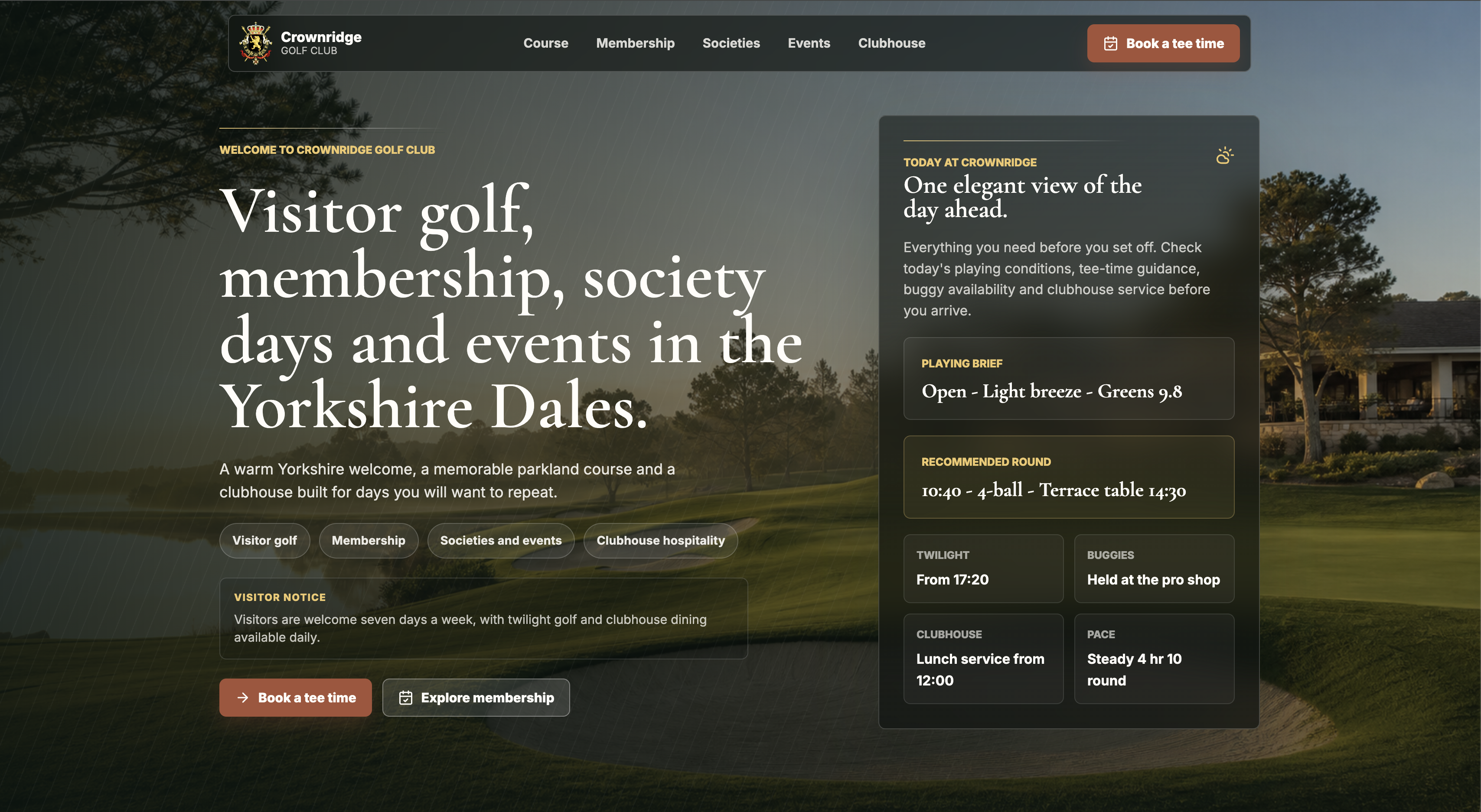 Crownridge Golf Club concept homepage with golf course hero, booking prompts, and club messaging