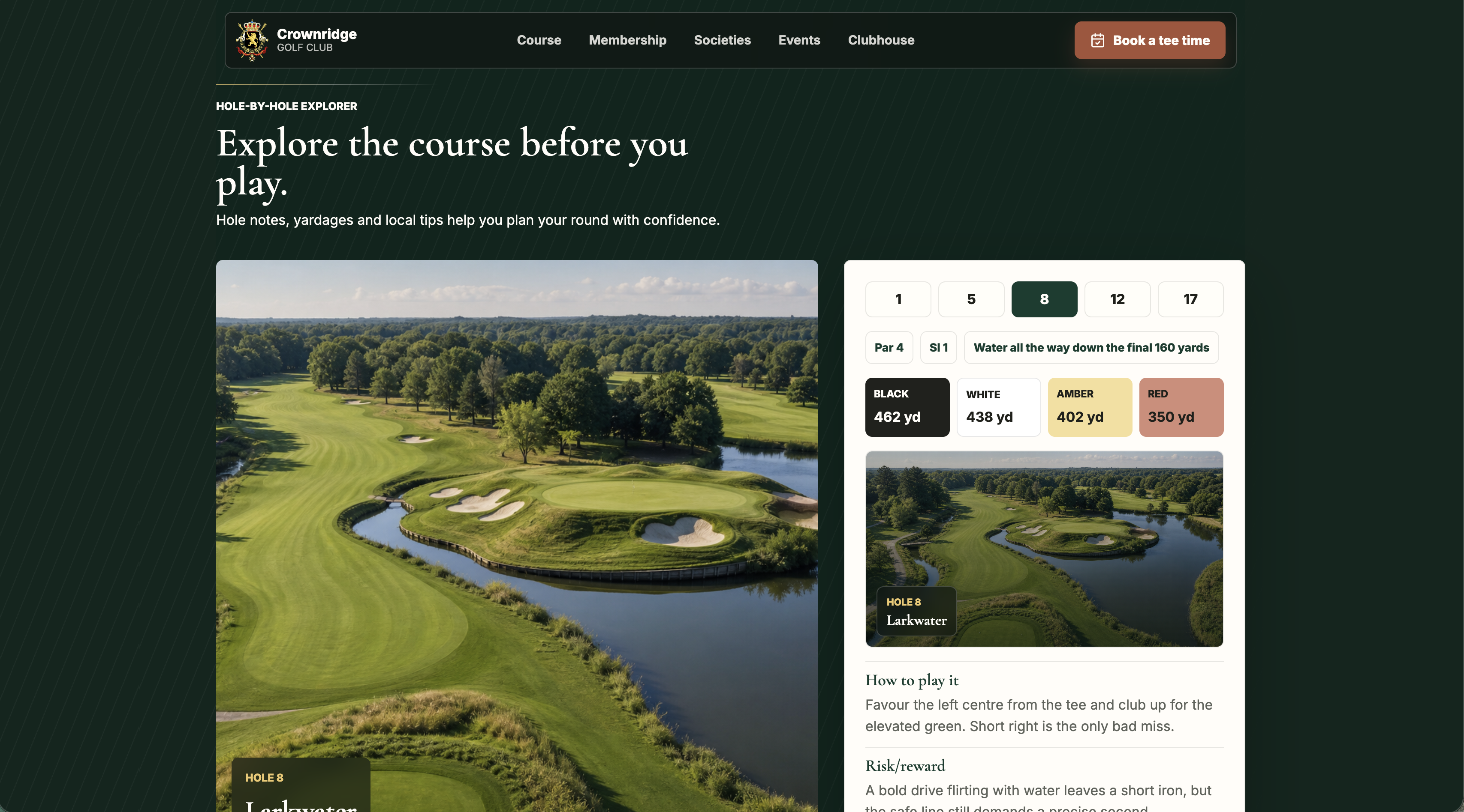 Golf concept hole explorer screen showing hole information and playing guidance