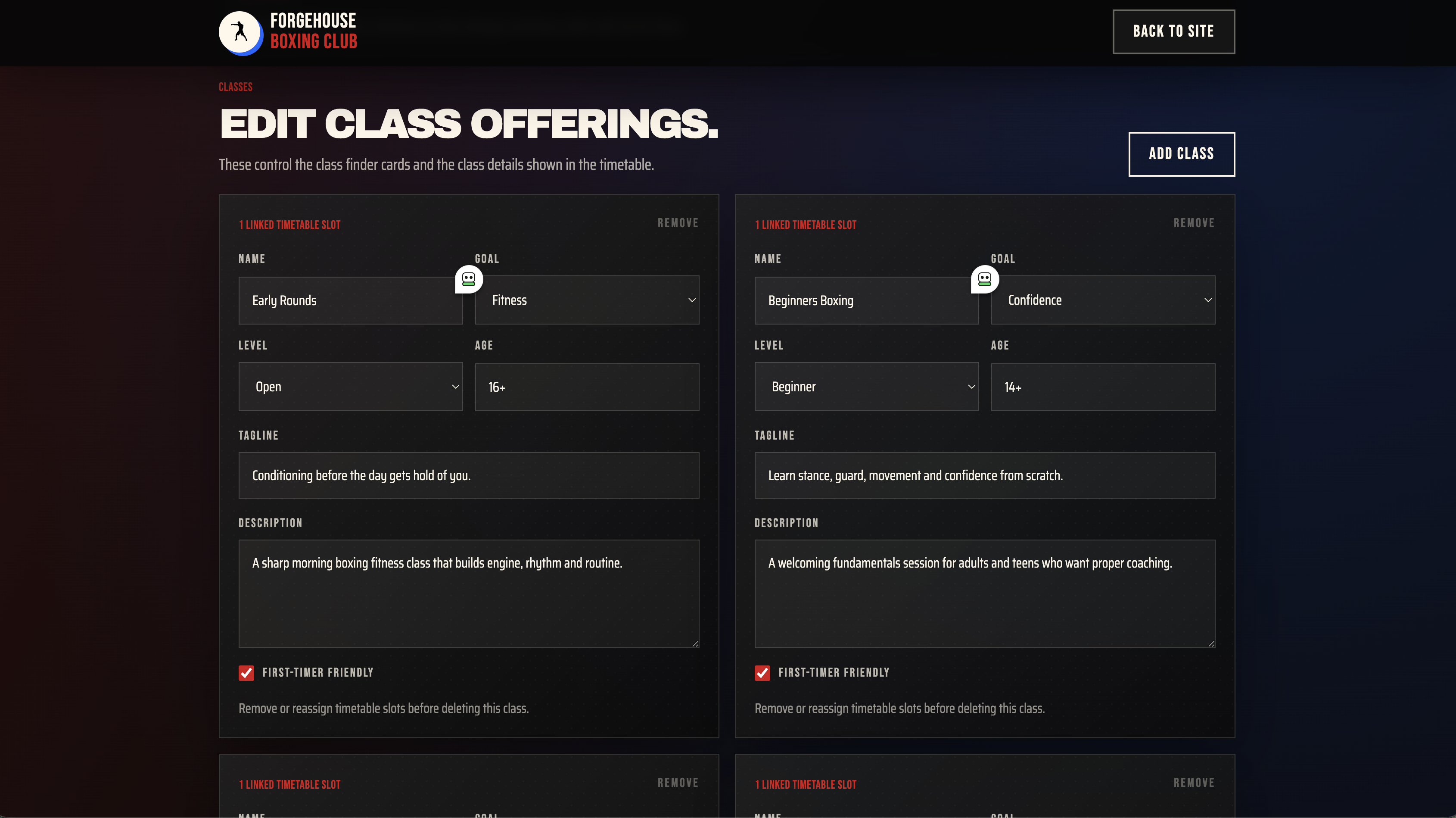 Boxing concept admin dashboard showing editable classes, coaches, and CMS controls