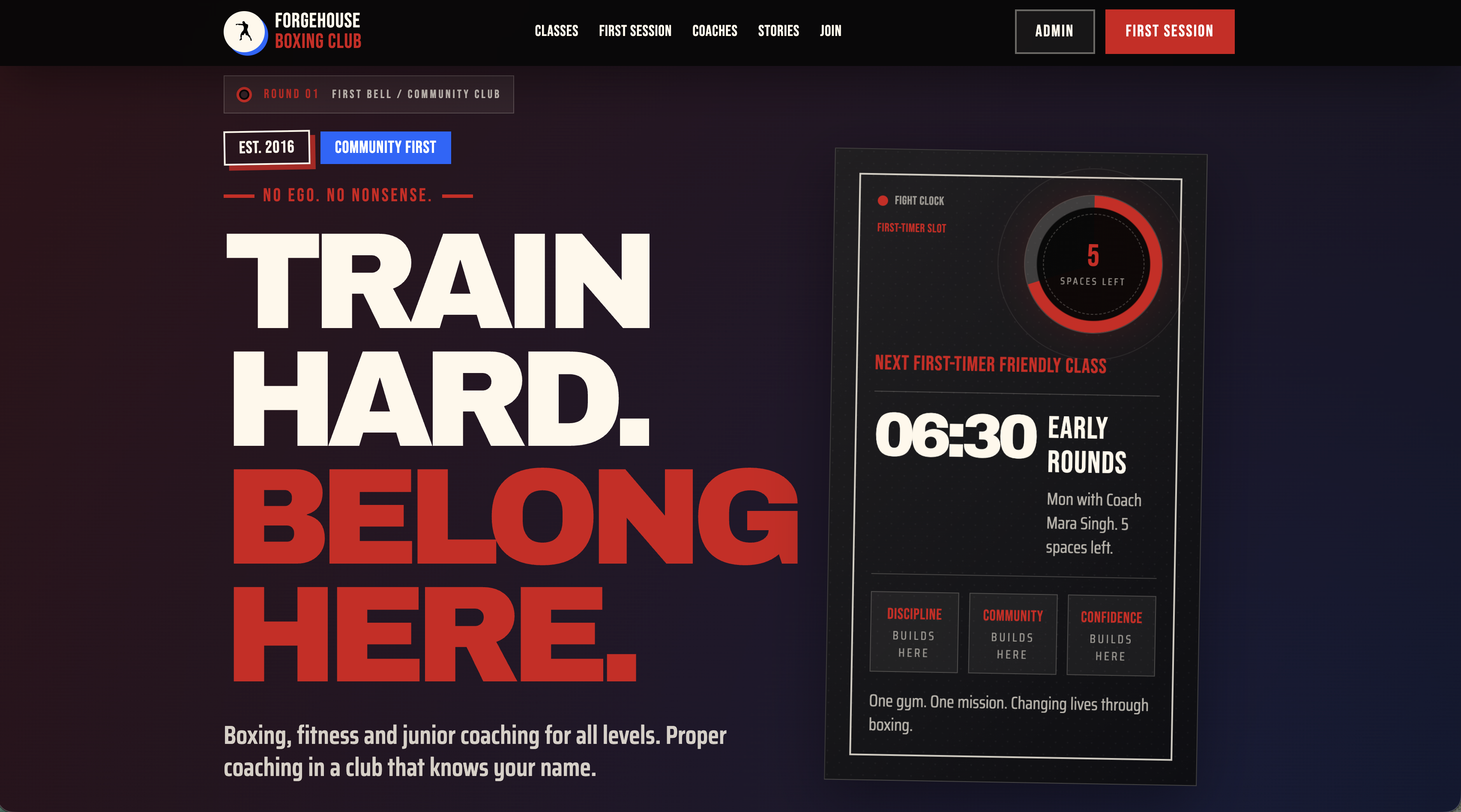 Forgehouse Boxing Club concept homepage with boxing gym hero, beginner reassurance, and class prompts